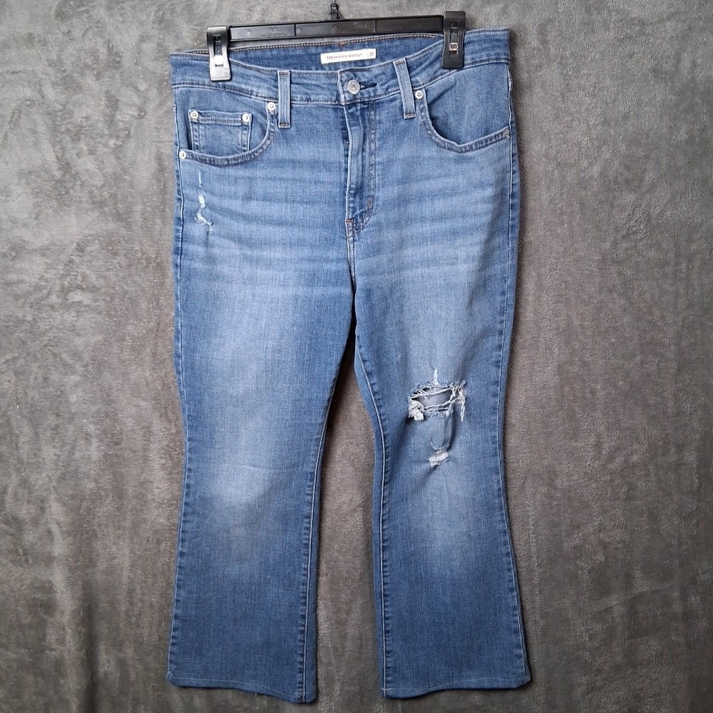 Levis 725 High-Rise Bootcut Jeans Women's Size 31x30 Blue Stretch Distressed